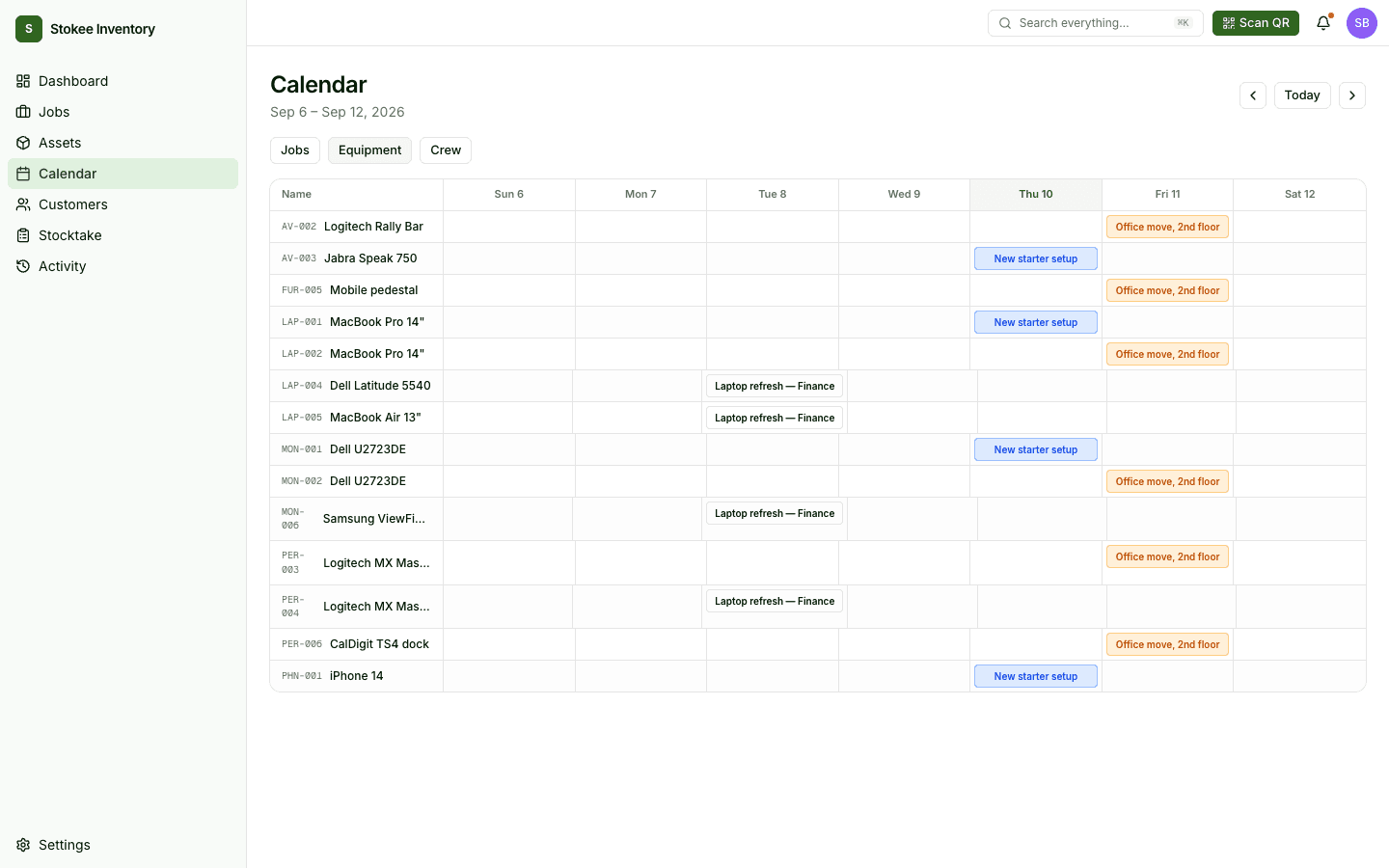 The equipment view of the calendar in Stokee Inventory, one row per asset showing which job it is committed to across the week.