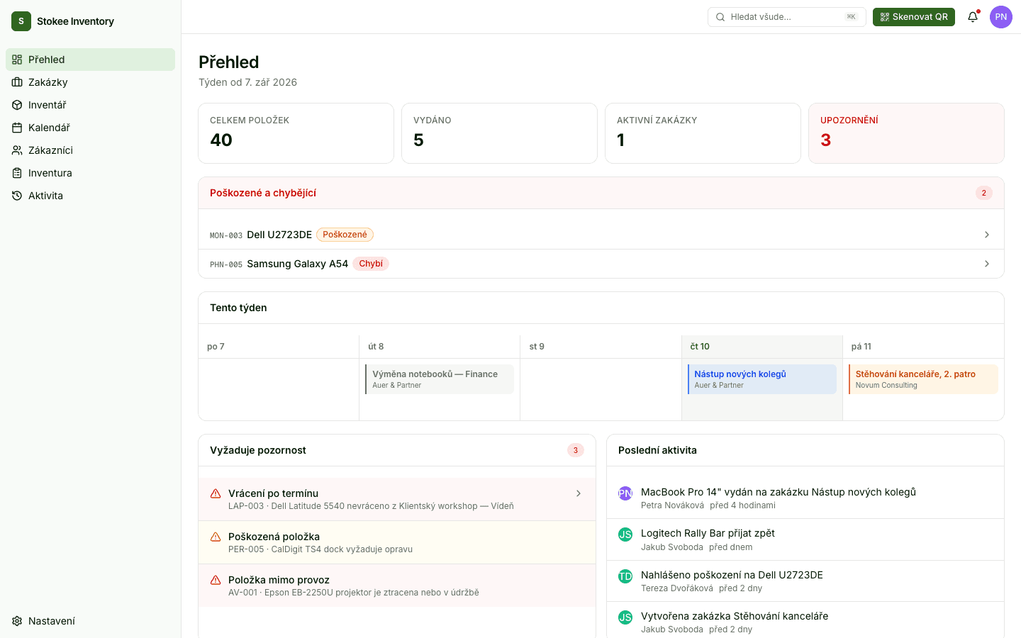 Přehled v Stokee Inventory s rezervacemi tohoto týdne, opožděnými vrácenkami a poškozeným majetkem.
