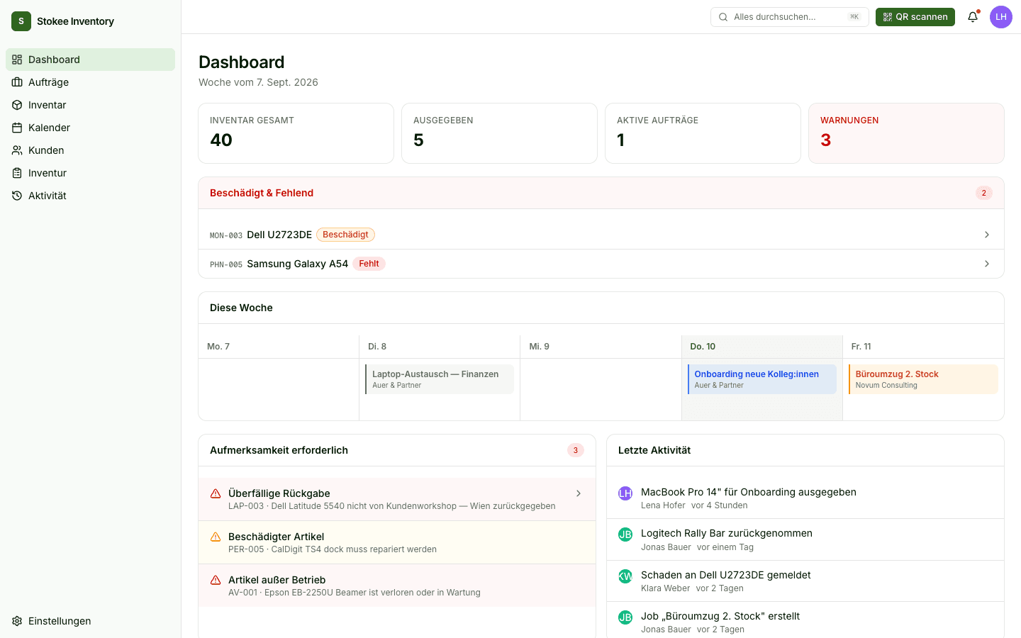 Das Dashboard von Stokee Inventory mit den Buchungen dieser Woche, überfälligen Rückgaben und einem beschädigten Asset.