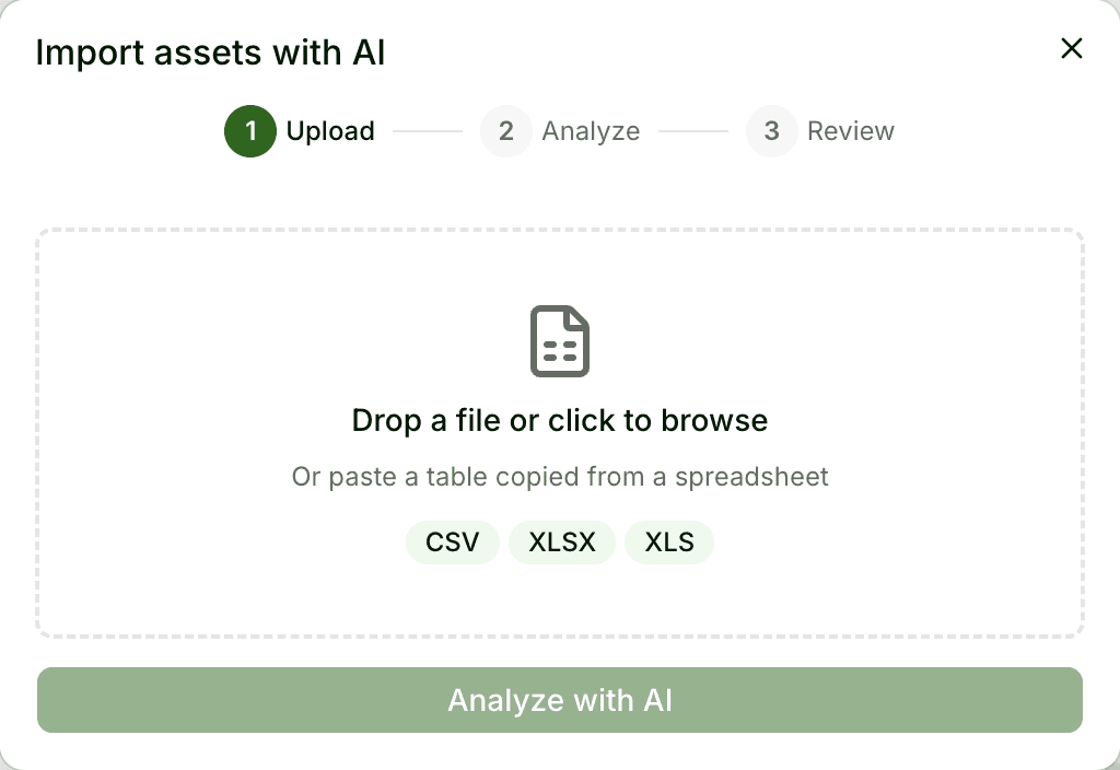 The import dialog in Stokee Inventory, with a dropzone for CSV, XLSX and XLS files and an 'Analyze with AI' button.
