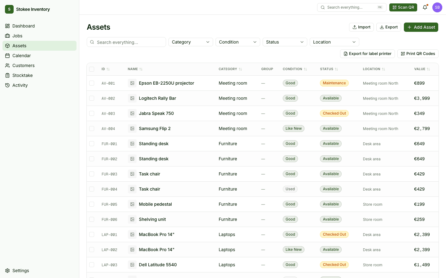 The asset list in Stokee Inventory, showing IDs, categories, condition, status, location and value.