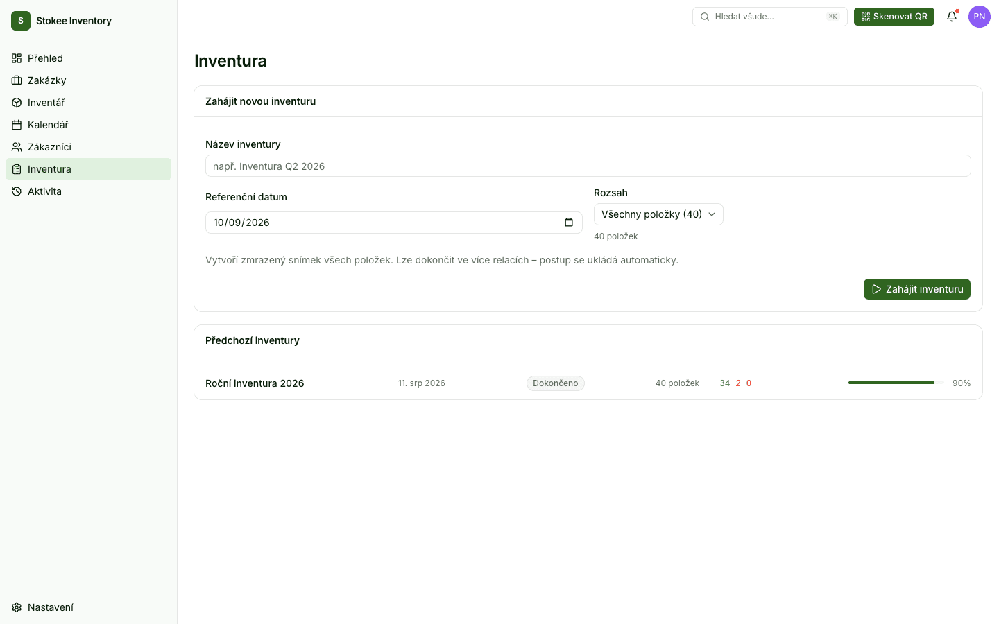 Obrazovka inventury v Stokee Inventory s novou inventurou a jednou už dokončenou.