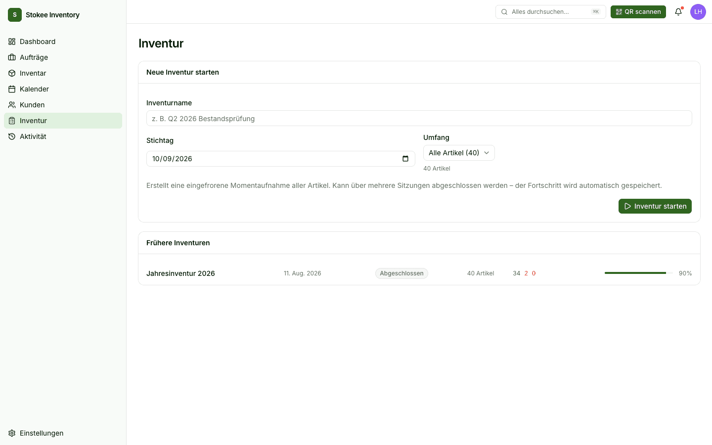 Die Inventur-Ansicht in Stokee Inventory mit einer neuen Zählung und einer bereits abgeschlossenen.